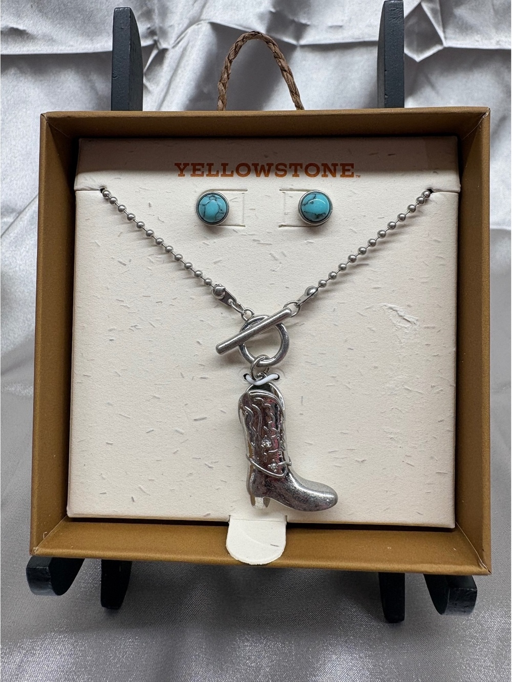 Yellowstone Western Silver Scuffed Boot Charm Necklace With Turquoise Earrings